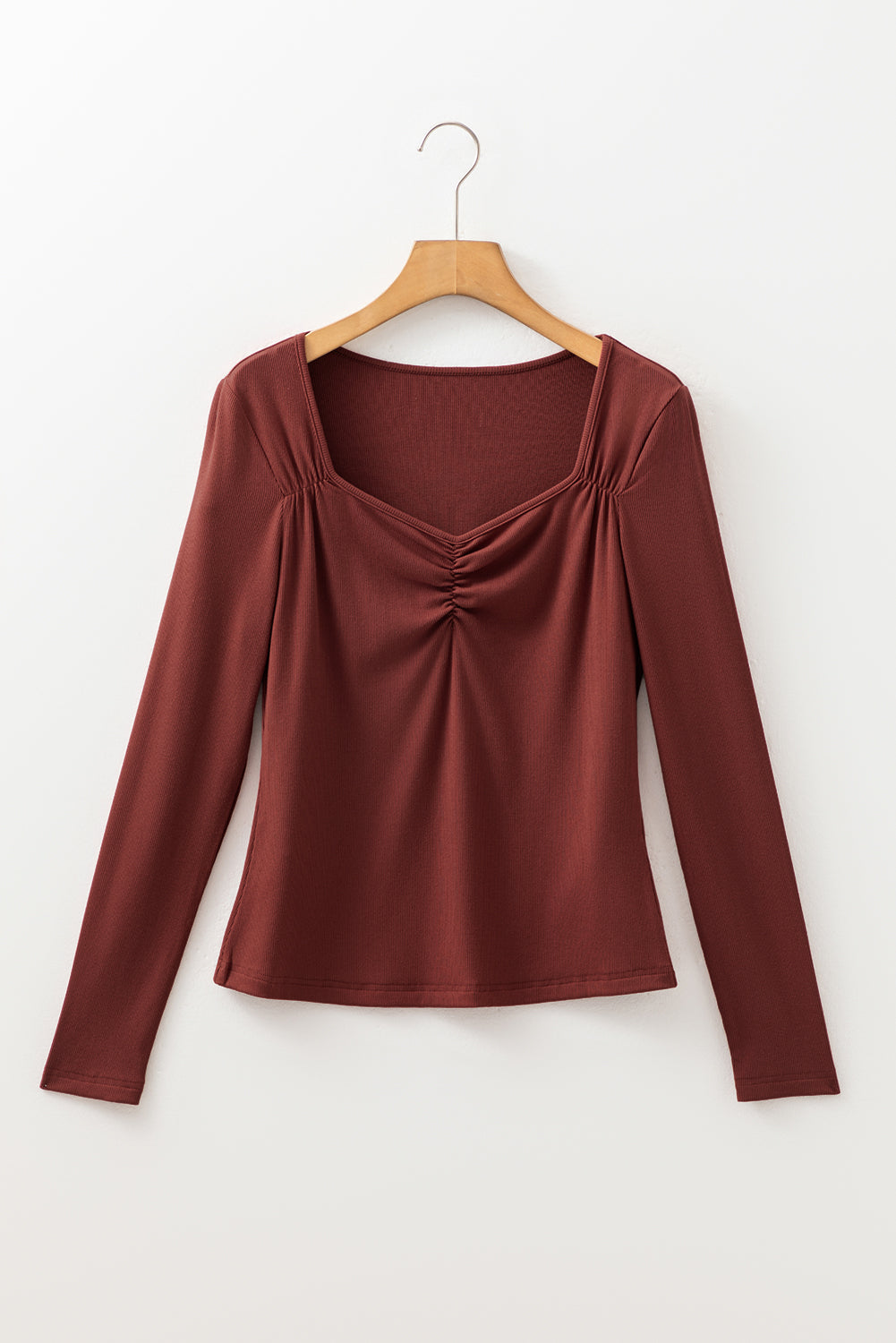 Burgundy Ruched Sweetheart Neck Ribbed Long Sleeve Top
