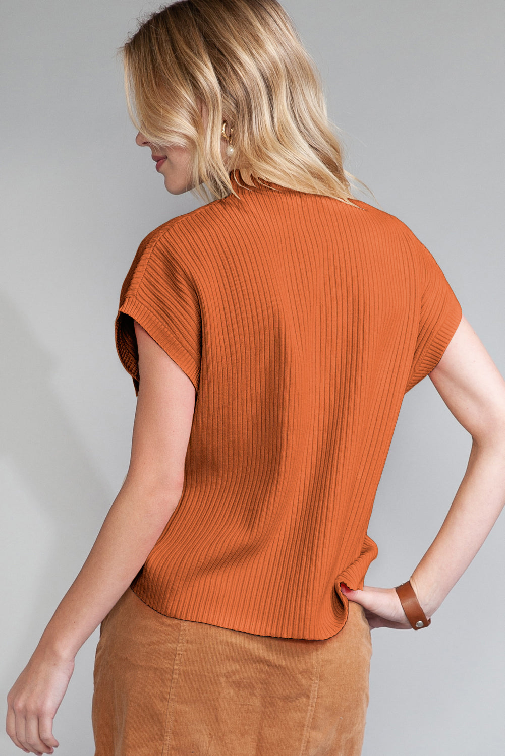 Rose Red Patch Pocket Ribbed Knit Short Sleeve Sweater