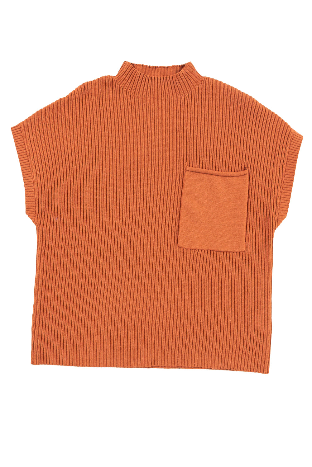 Rose Red Patch Pocket Ribbed Knit Short Sleeve Sweater