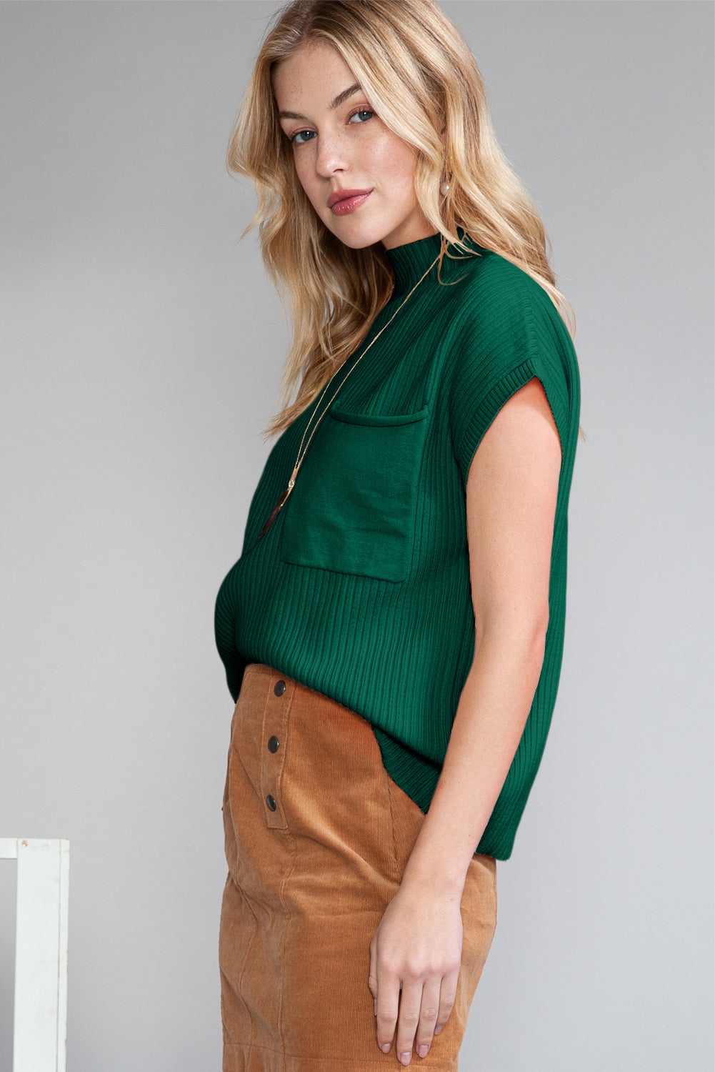 Rose Red Patch Pocket Ribbed Knit Short Sleeve Sweater