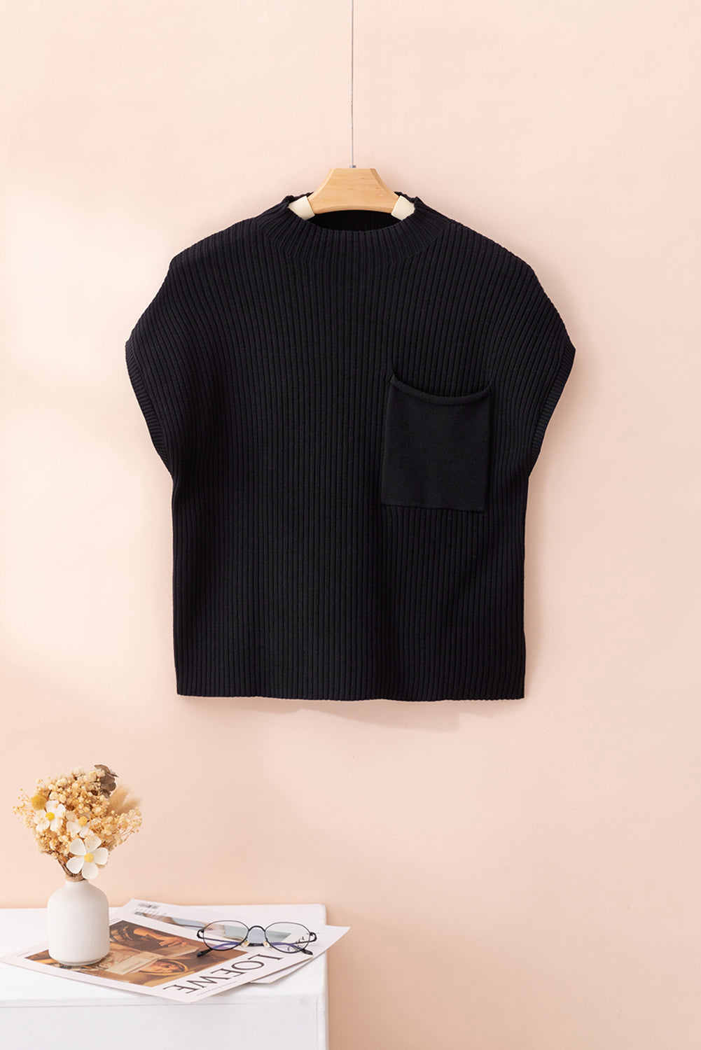 Rose Red Patch Pocket Ribbed Knit Short Sleeve Sweater