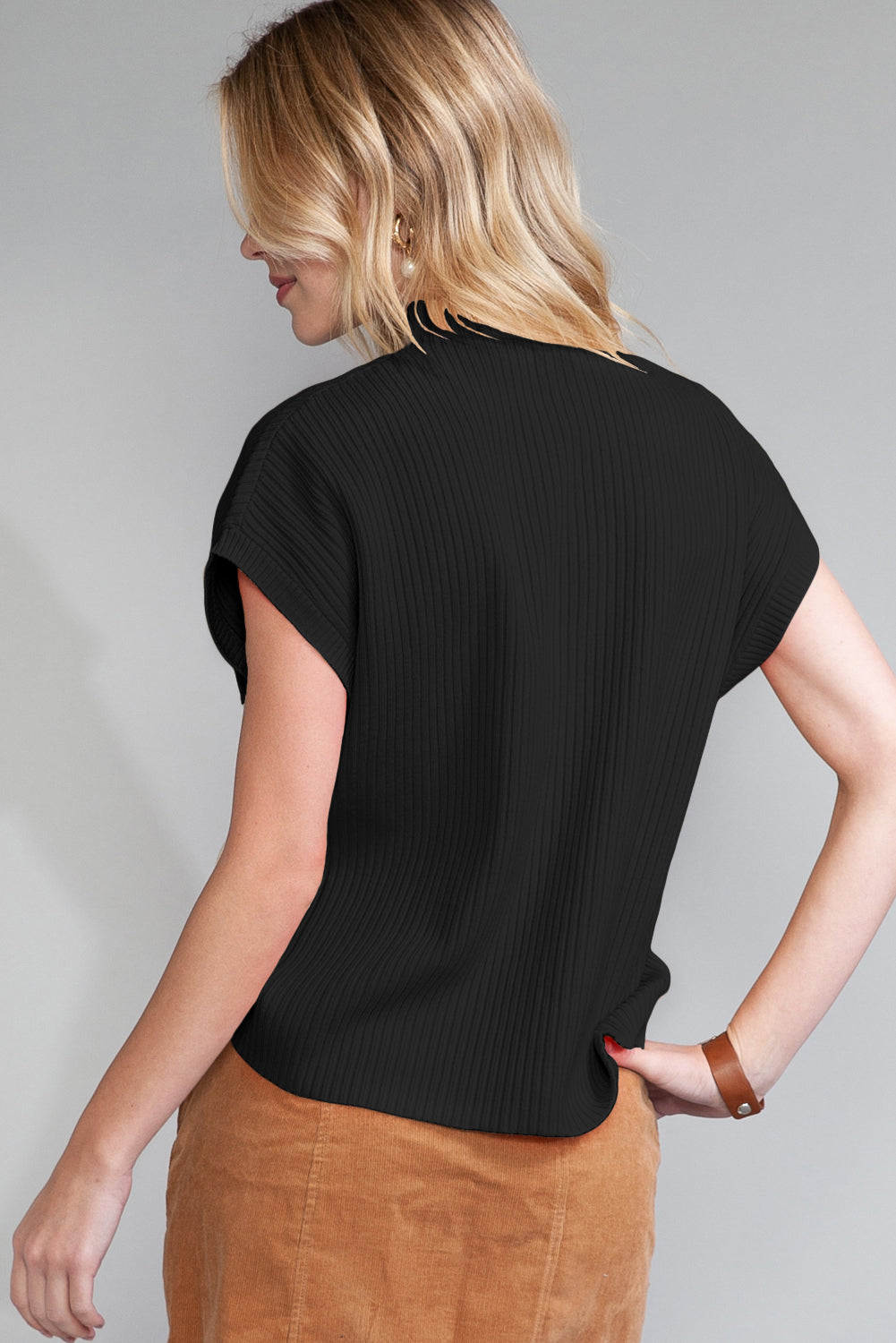 Rose Red Patch Pocket Ribbed Knit Short Sleeve Sweater