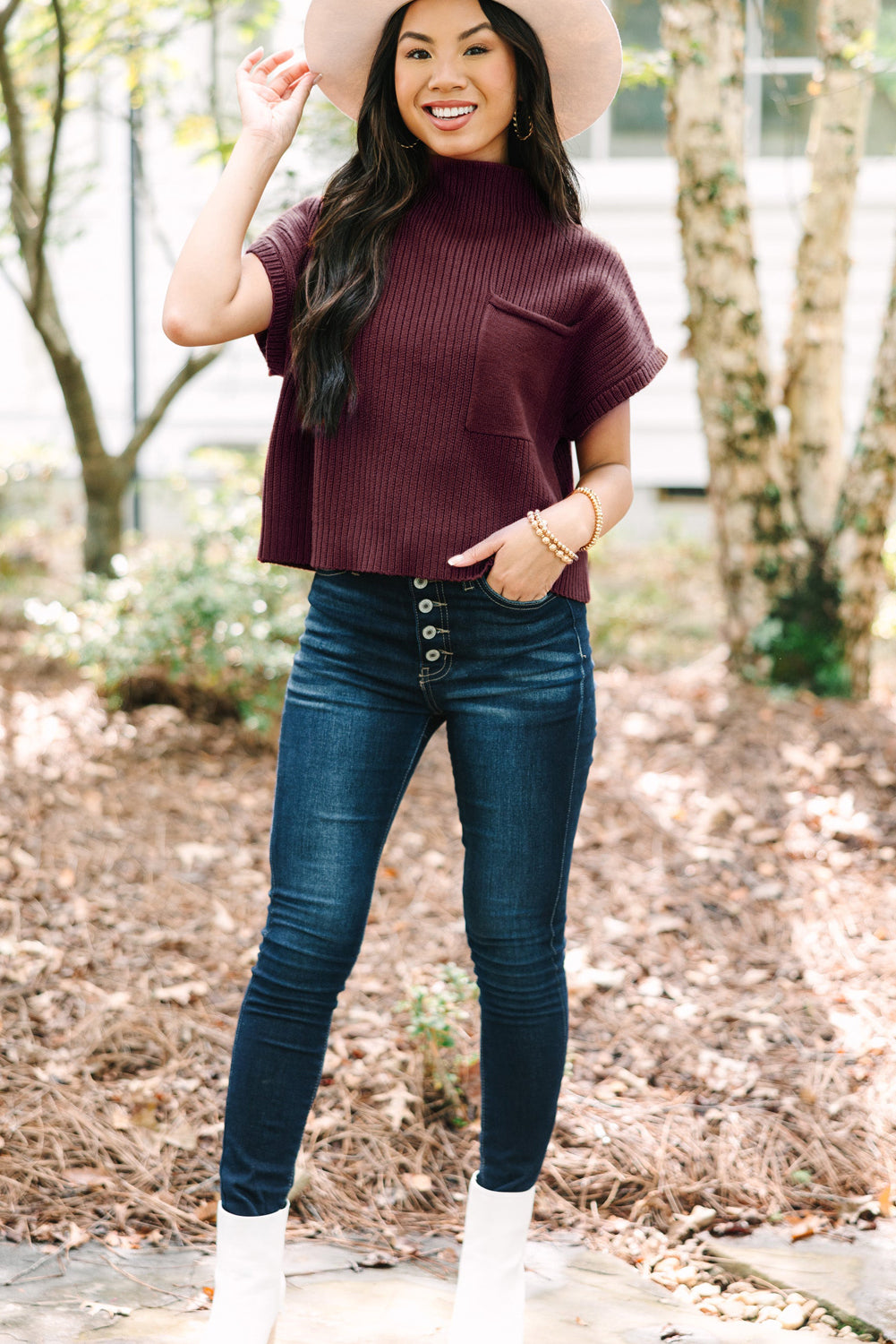 Rose Red Patch Pocket Ribbed Knit Short Sleeve Sweater