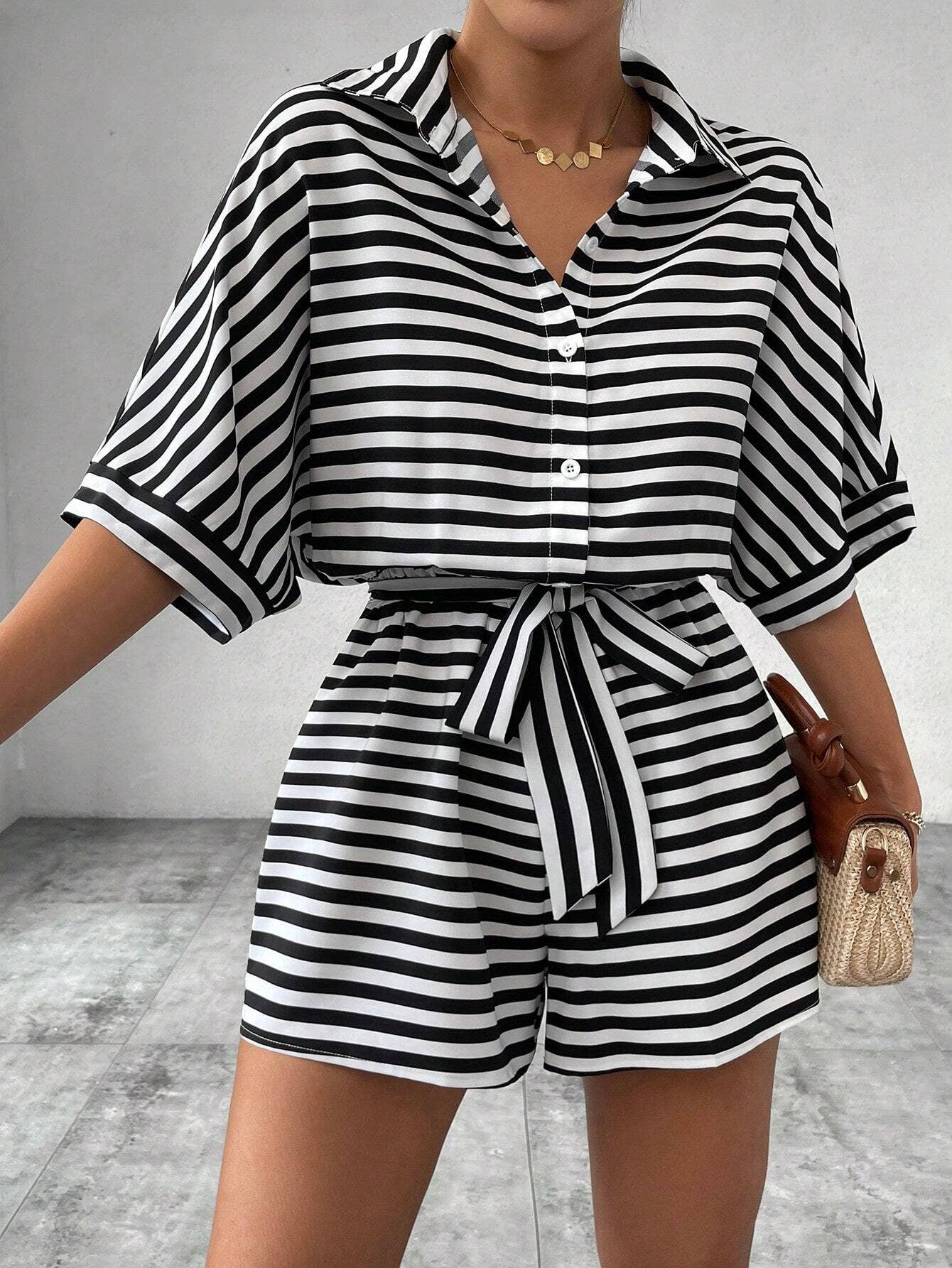 Striped Lapel Buttoned Mid-Sleeve Waistband Jumpsuit