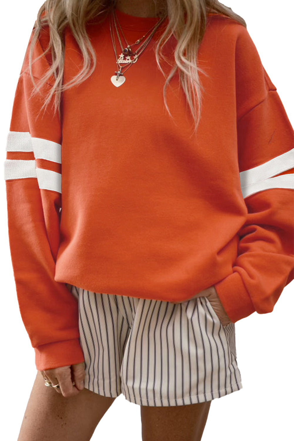 Evergreen Preppy Striped Sleeve Loose Sweatshirt
