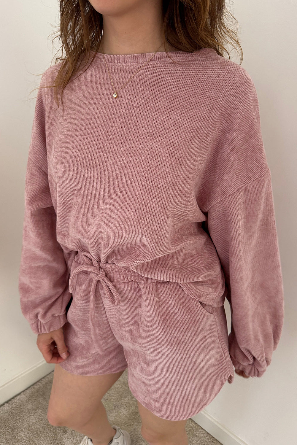Jet Stream Textured Knit Drop Shoulder Pullover Drawstring Shorts Set