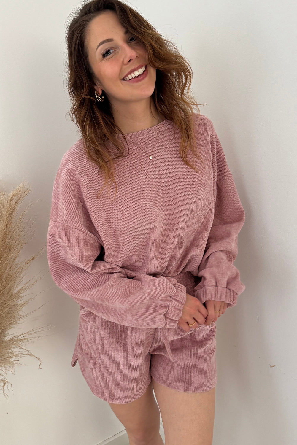 Jet Stream Textured Knit Drop Shoulder Pullover Drawstring Shorts Set