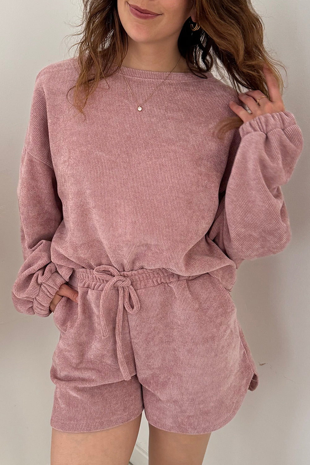 Jet Stream Textured Knit Drop Shoulder Pullover Drawstring Shorts Set