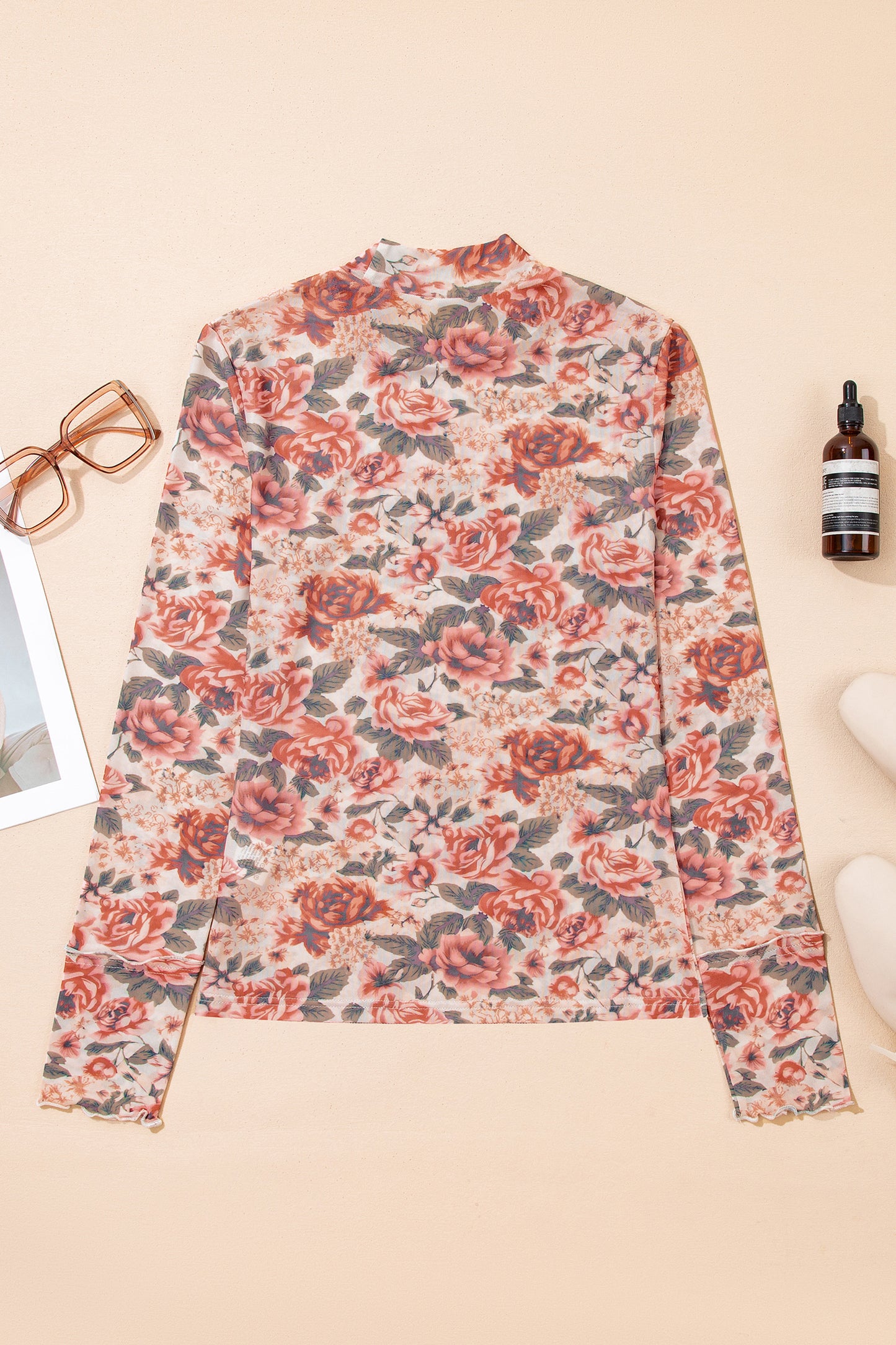 White Retro Floral Print Mock Neck Mesh Long Sleeve Top