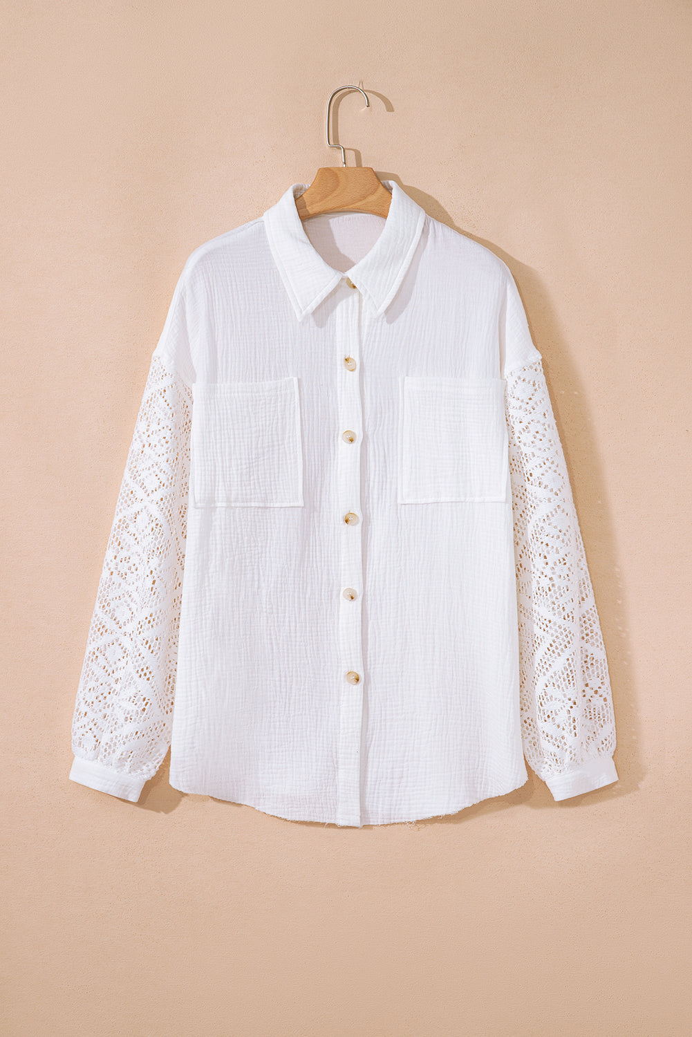 White Cotton Gauze Lace Patchwork Long Sleeve Shirt