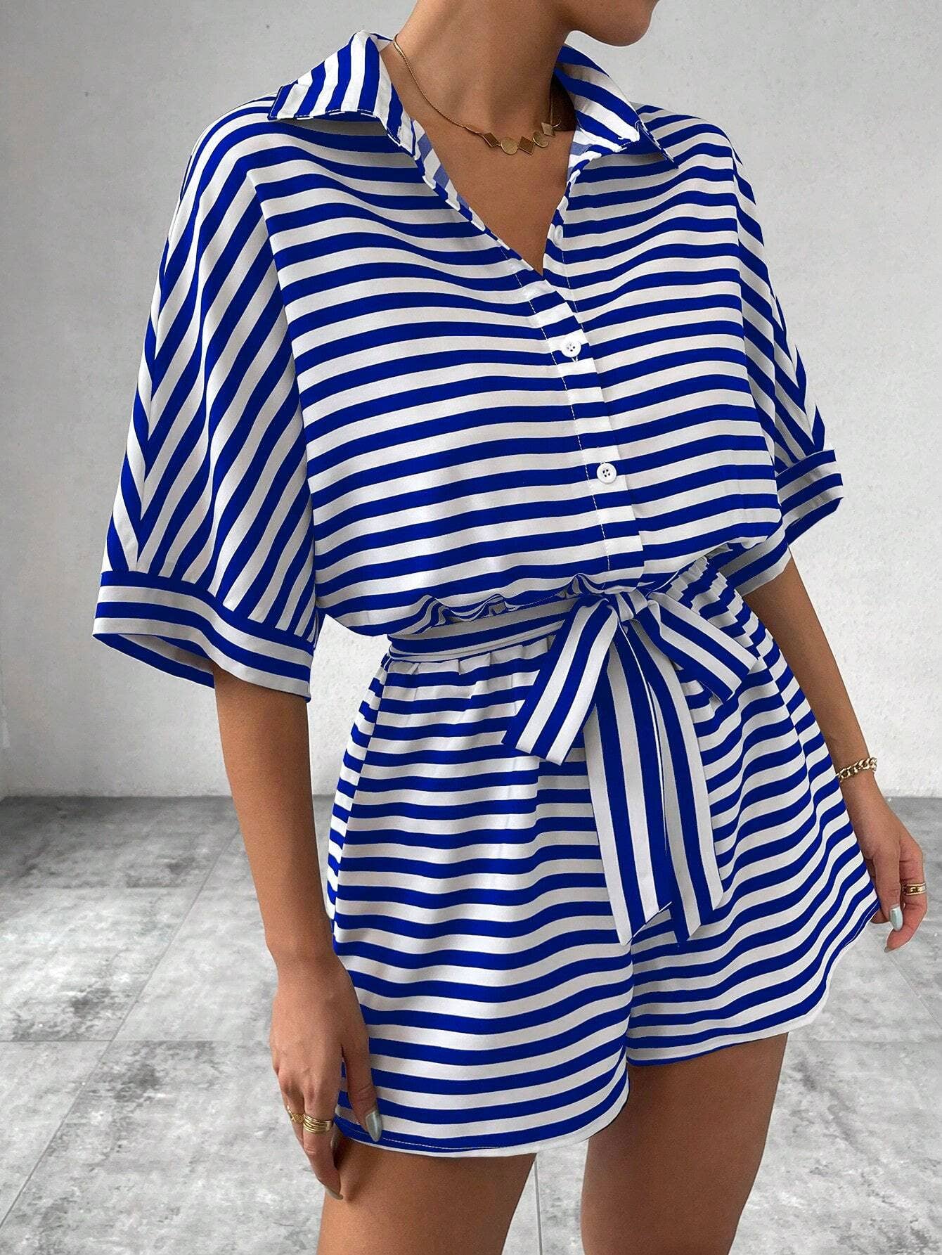 Striped Lapel Buttoned Mid-Sleeve Waistband Jumpsuit