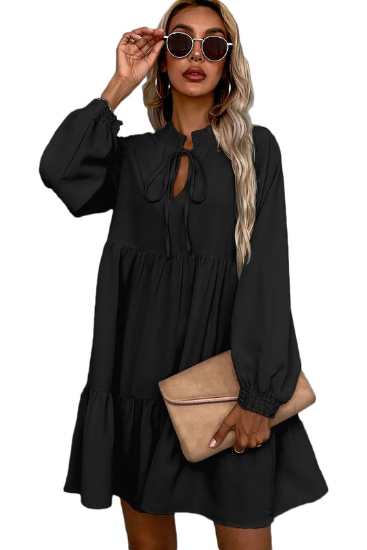 Black Tie Split Neck Smocked Detail Puff Sleeve Ruffle Hem Loose Dress