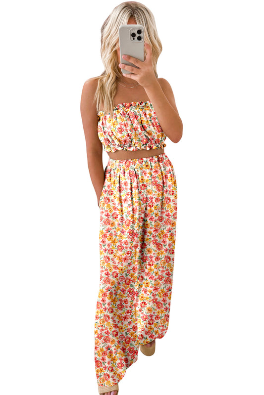 Pink Boho Floral Bandeau Top and High Waist Wide Leg Pants Set
