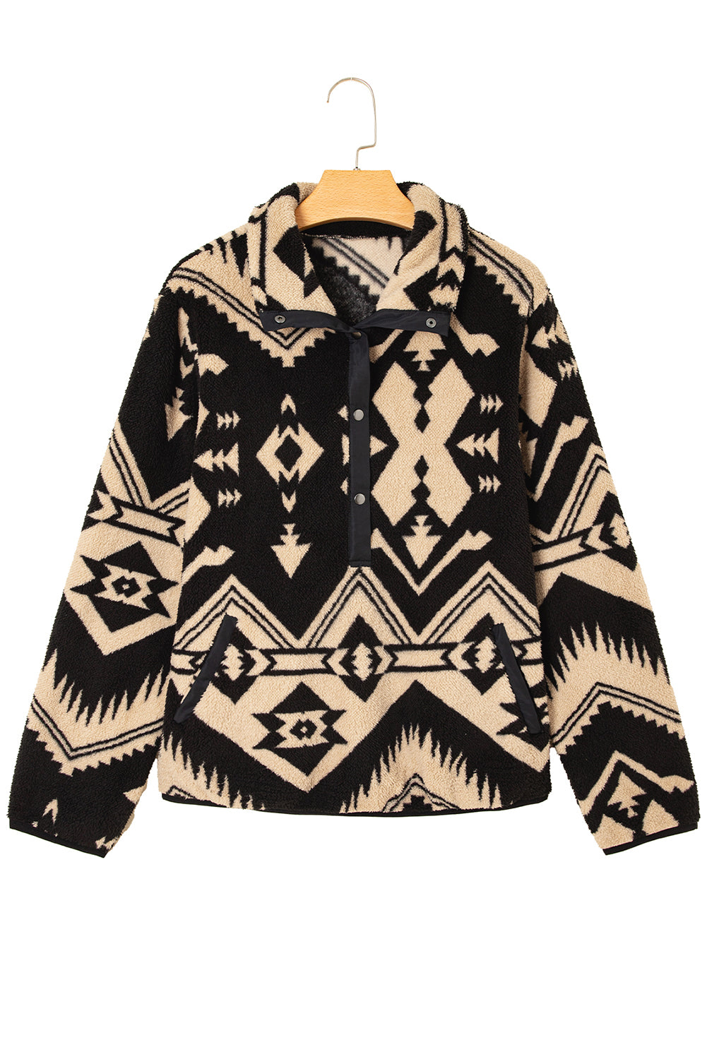 Black Vintage Geometric Half Zip Plush Sweatshirt