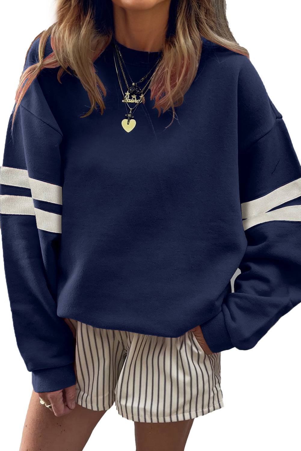 Evergreen Preppy Striped Sleeve Loose Sweatshirt