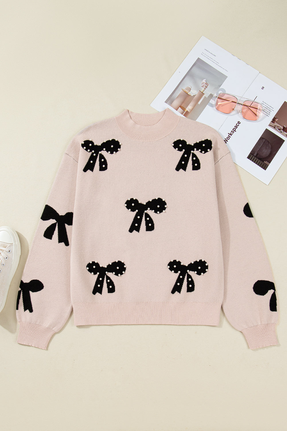 Blackish Green Pearl Embellished Bow Pattern Loose Sweater