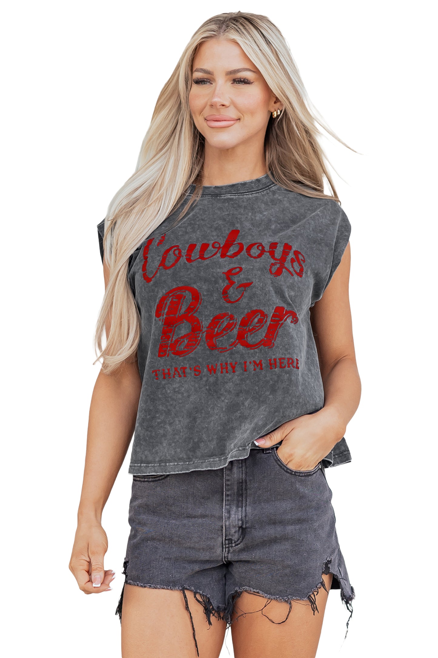 Smoke Gray COWGIRLS DONT CRY Western Graphic Mineral Wash Tank Top