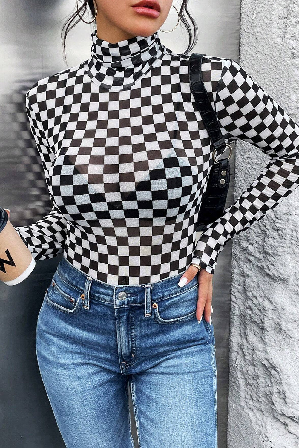 Brown Checkered Print Long Sleeve Mock Neck Bodysuit