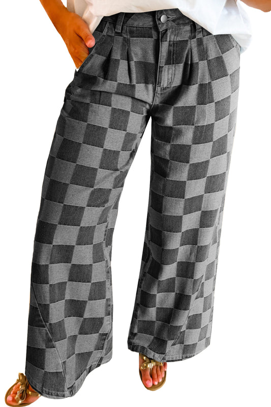 Dark Grey Checkered Light Washed Wide Leg Jeans