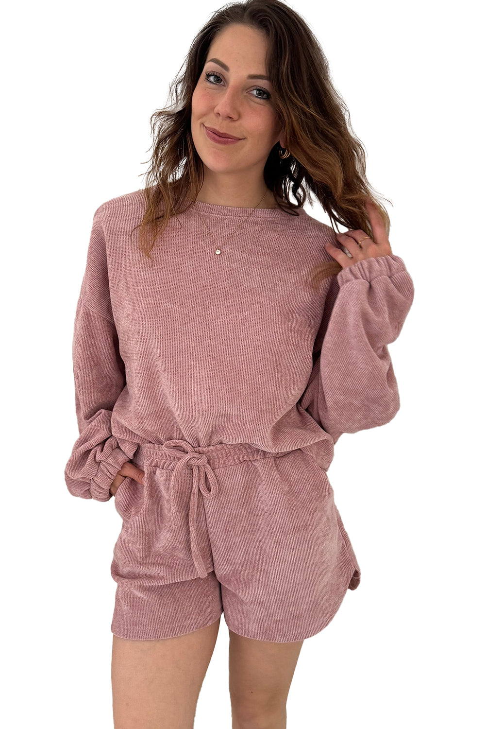 Jet Stream Textured Knit Drop Shoulder Pullover Drawstring Shorts Set