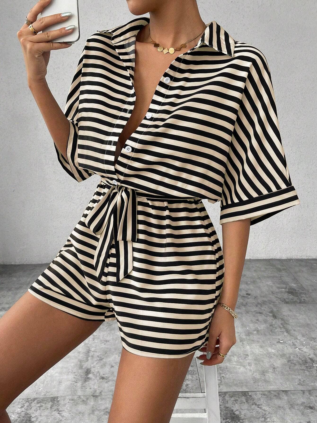 Striped Lapel Buttoned Mid-Sleeve Waistband Jumpsuit