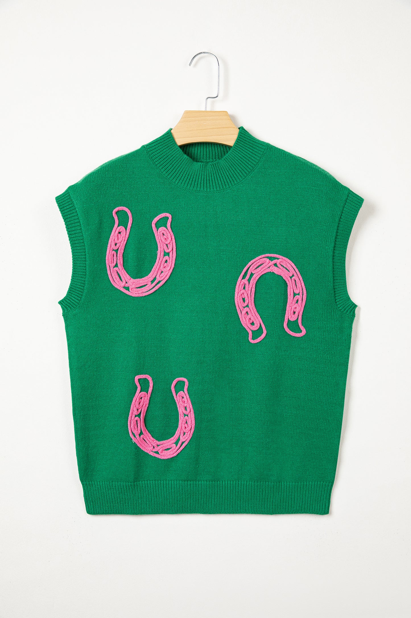White Corded Horseshoes Ribbed Trim Mock Neck Short Sleeve Sweater