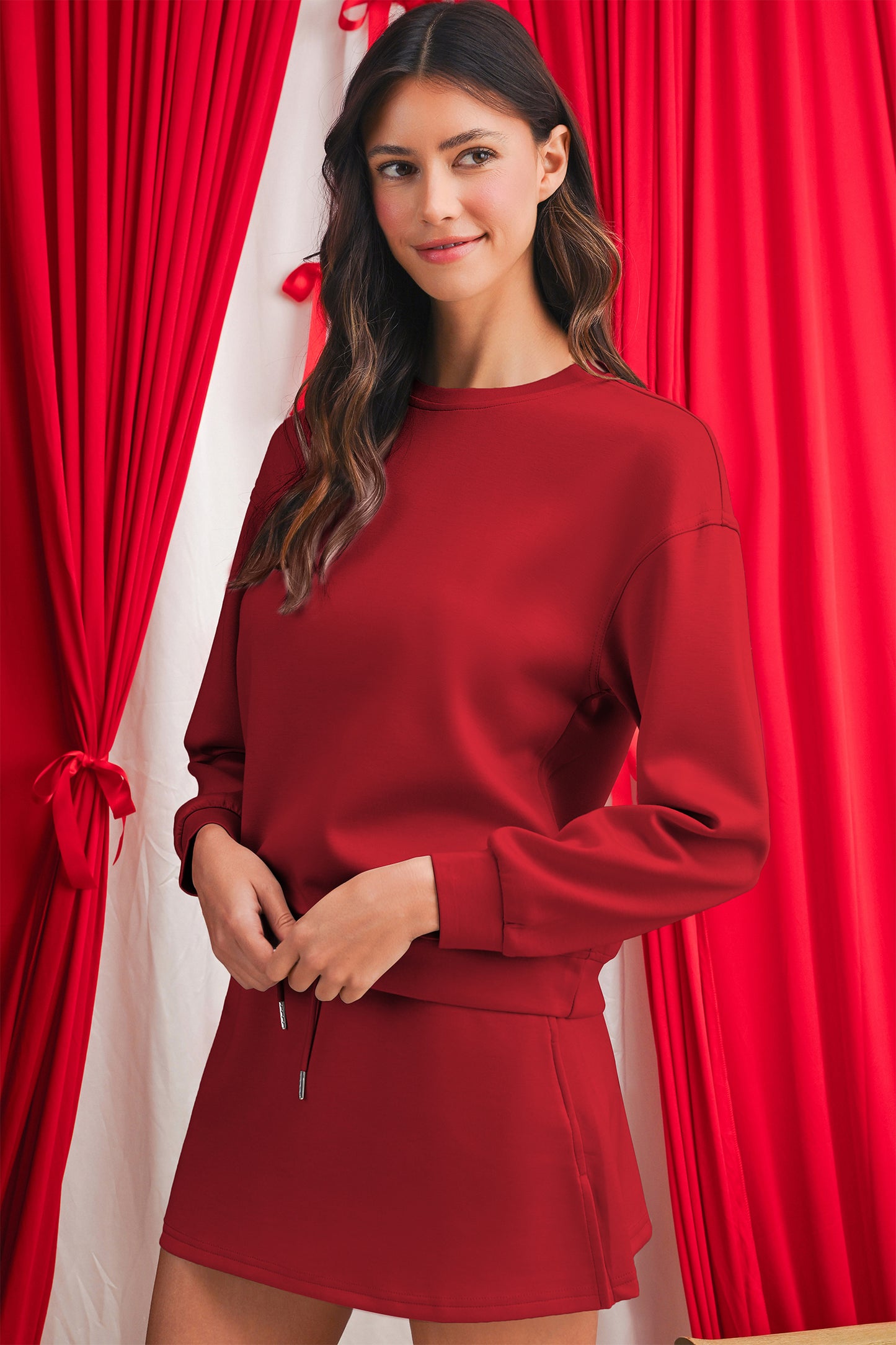 Jet Stream Solid Color Drop Shoulder Pullover Drawstring Mini Skirt Set