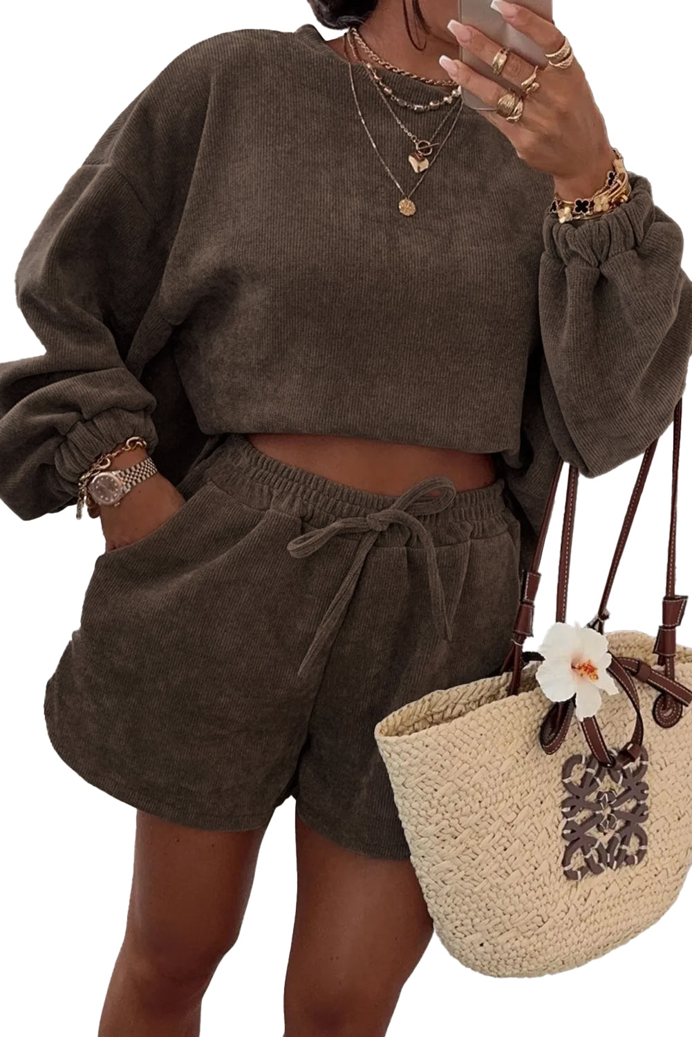 Dark Brown Textured Knit Drop Shoulder Pullover Drawstring Shorts Set