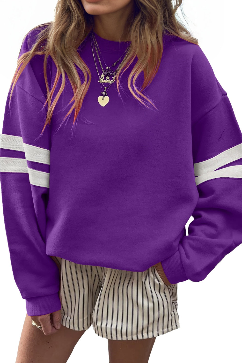 Evergreen Preppy Striped Sleeve Loose Sweatshirt