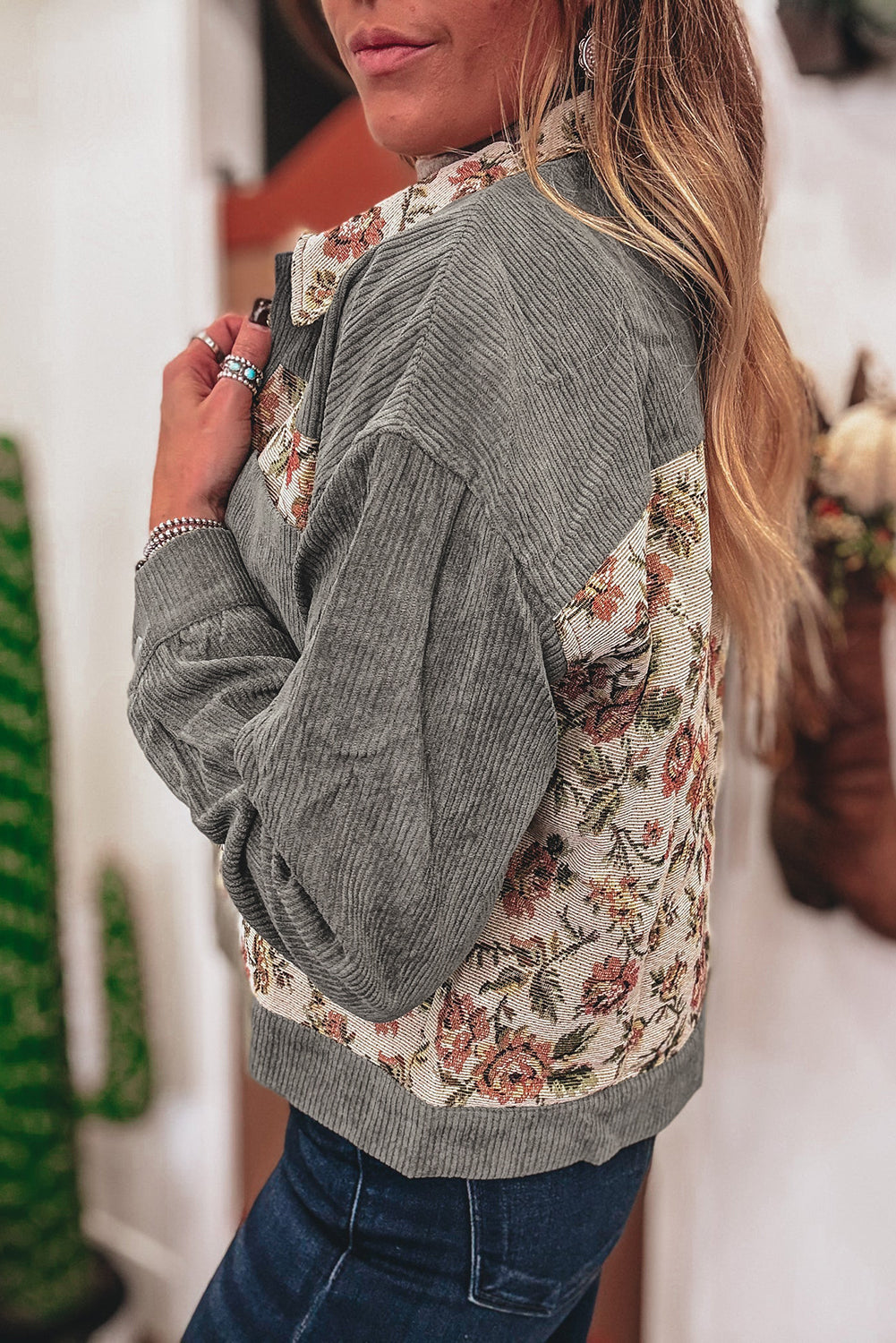 Sage Green Ribbed Retro Floral Patchwork Jacket