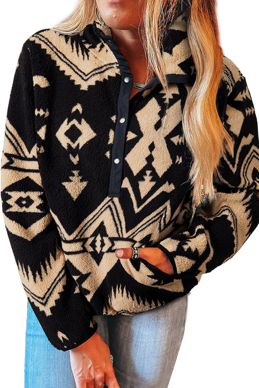 Black Vintage Geometric Half Zip Plush Sweatshirt