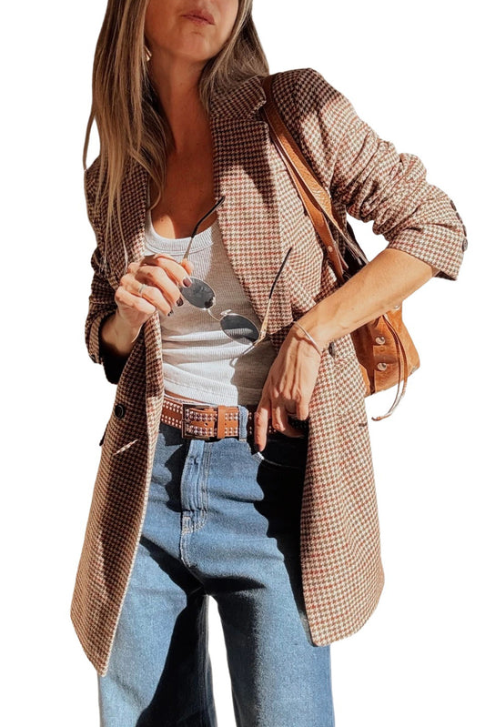 Brown Houndstooth Lapel Collar Blazer