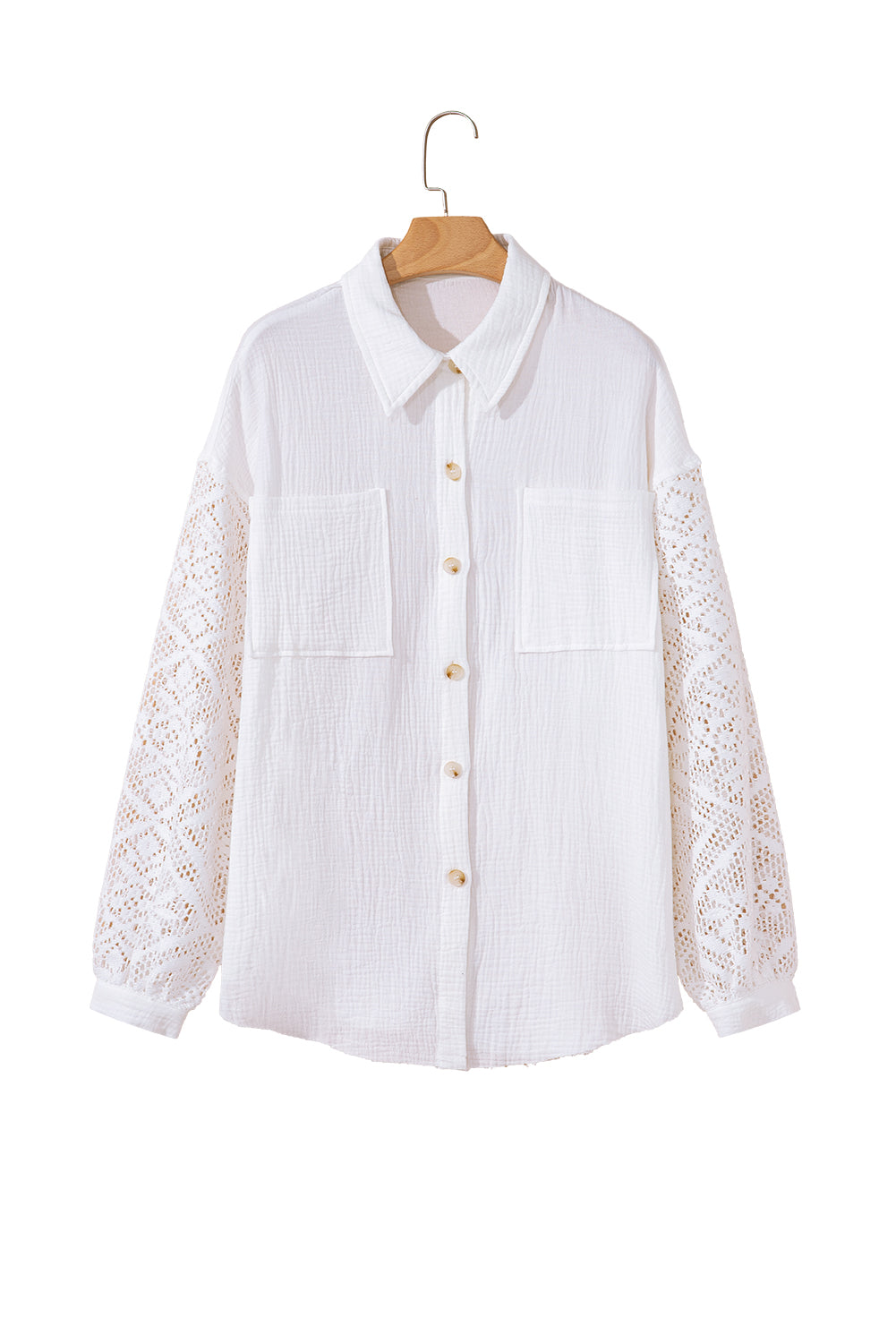 White Cotton Gauze Lace Patchwork Long Sleeve Shirt