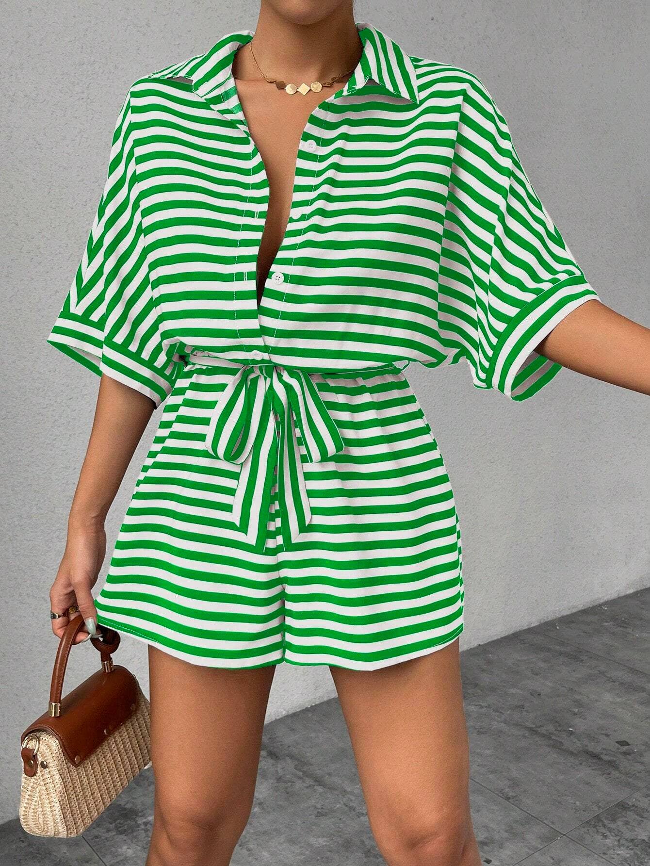 Striped Lapel Buttoned Mid-Sleeve Waistband Jumpsuit