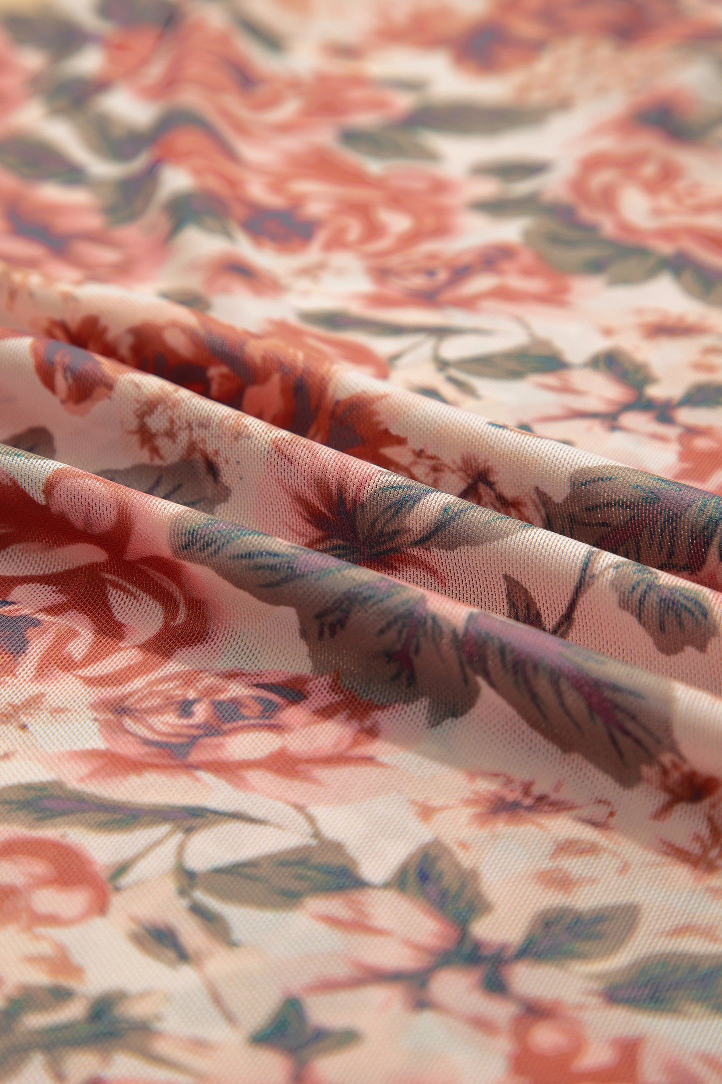 White Retro Floral Print Mock Neck Mesh Long Sleeve Top