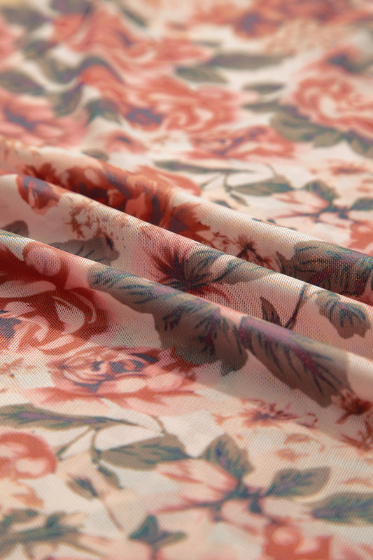 White Retro Floral Print Mock Neck Mesh Long Sleeve Top