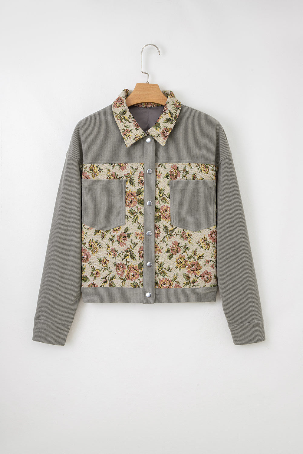 Sage Green Ribbed Retro Floral Patchwork Jacket