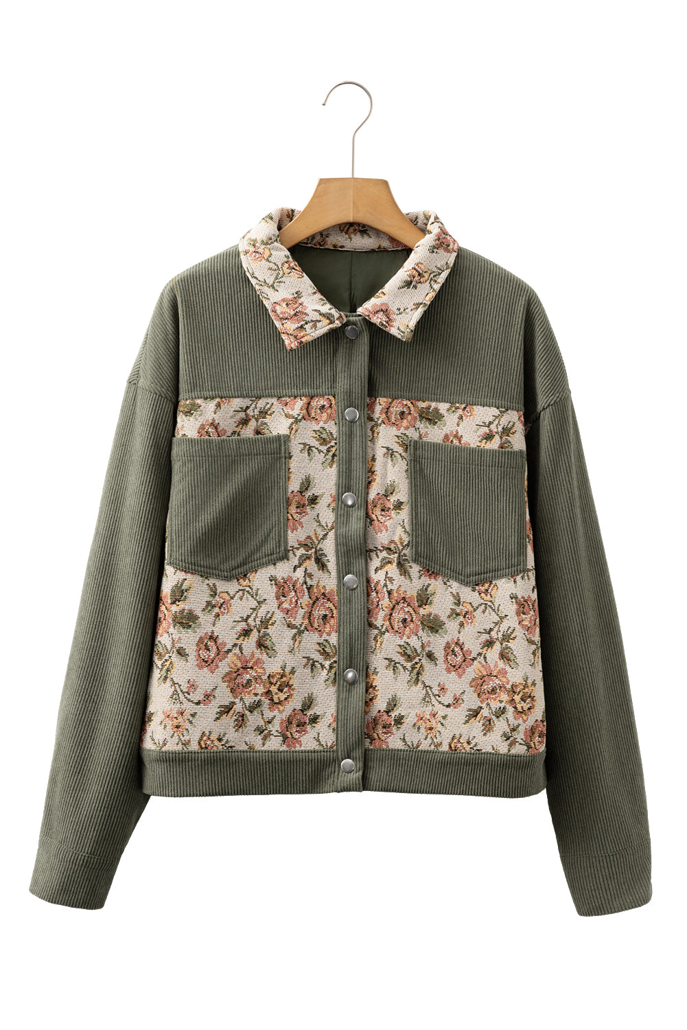 Sage Green Ribbed Retro Floral Patchwork Jacket