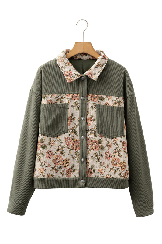 Sage Green Ribbed Retro Floral Patchwork Jacket