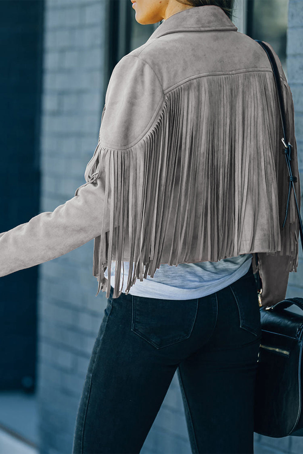 Green Cropped Fringe Faux Suede Jacket