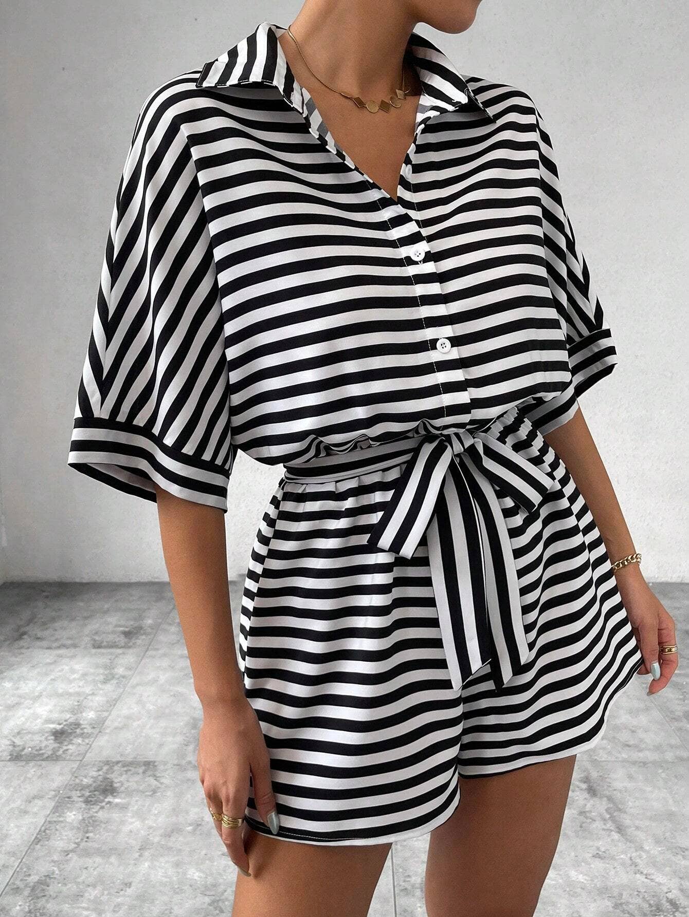 Striped Lapel Buttoned Mid-Sleeve Waistband Jumpsuit