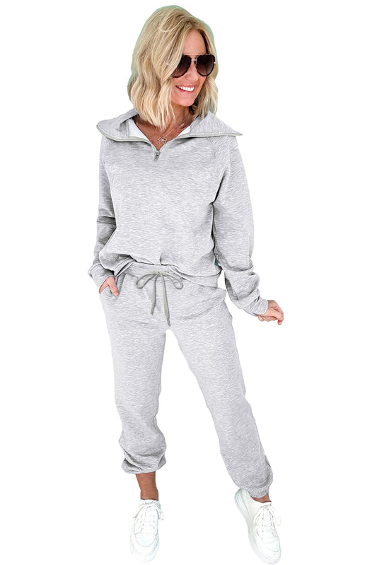 Light Grey Zip Collar Long Sleeve Top Drawstring Pants Set