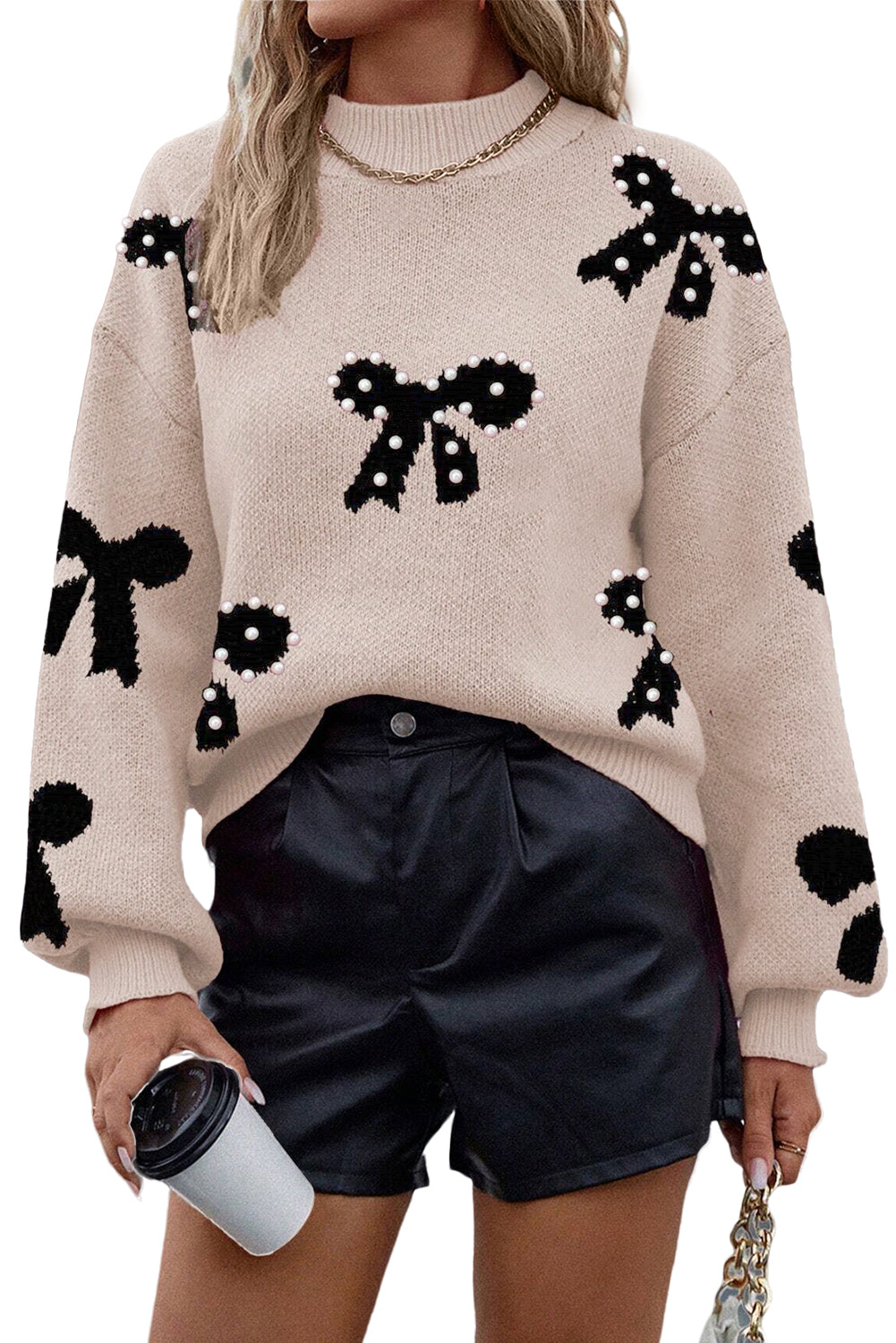 Blackish Green Pearl Embellished Bow Pattern Loose Sweater