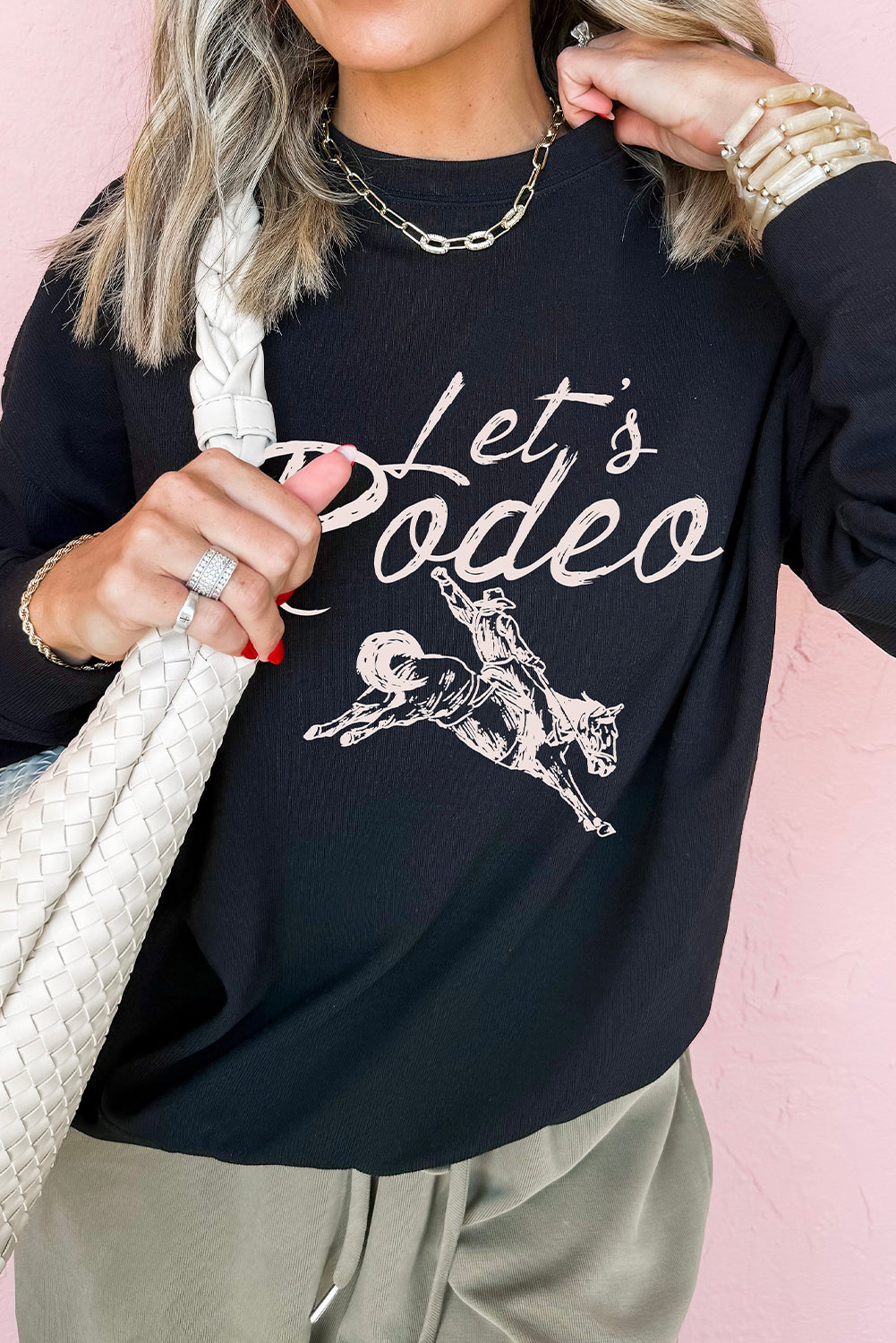 Black Lets Rodeo Western Print Pullover Sweatshirt