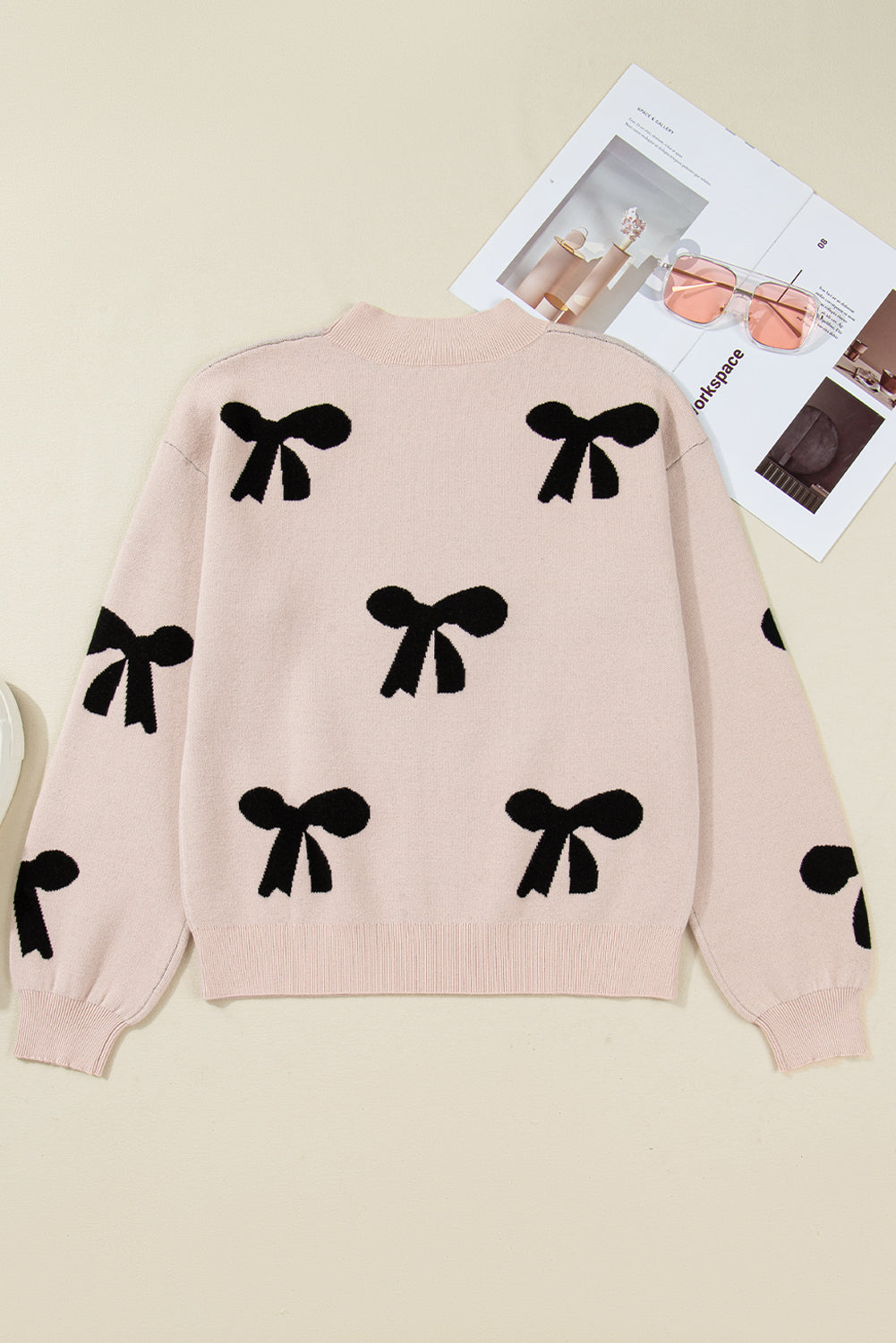 Blackish Green Pearl Embellished Bow Pattern Loose Sweater