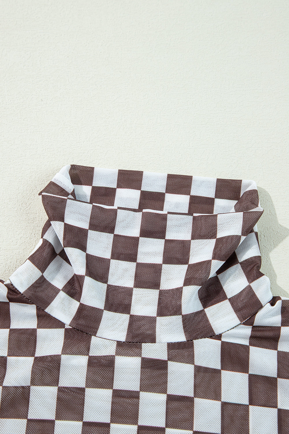 Brown Checkered Print Long Sleeve Mock Neck Bodysuit