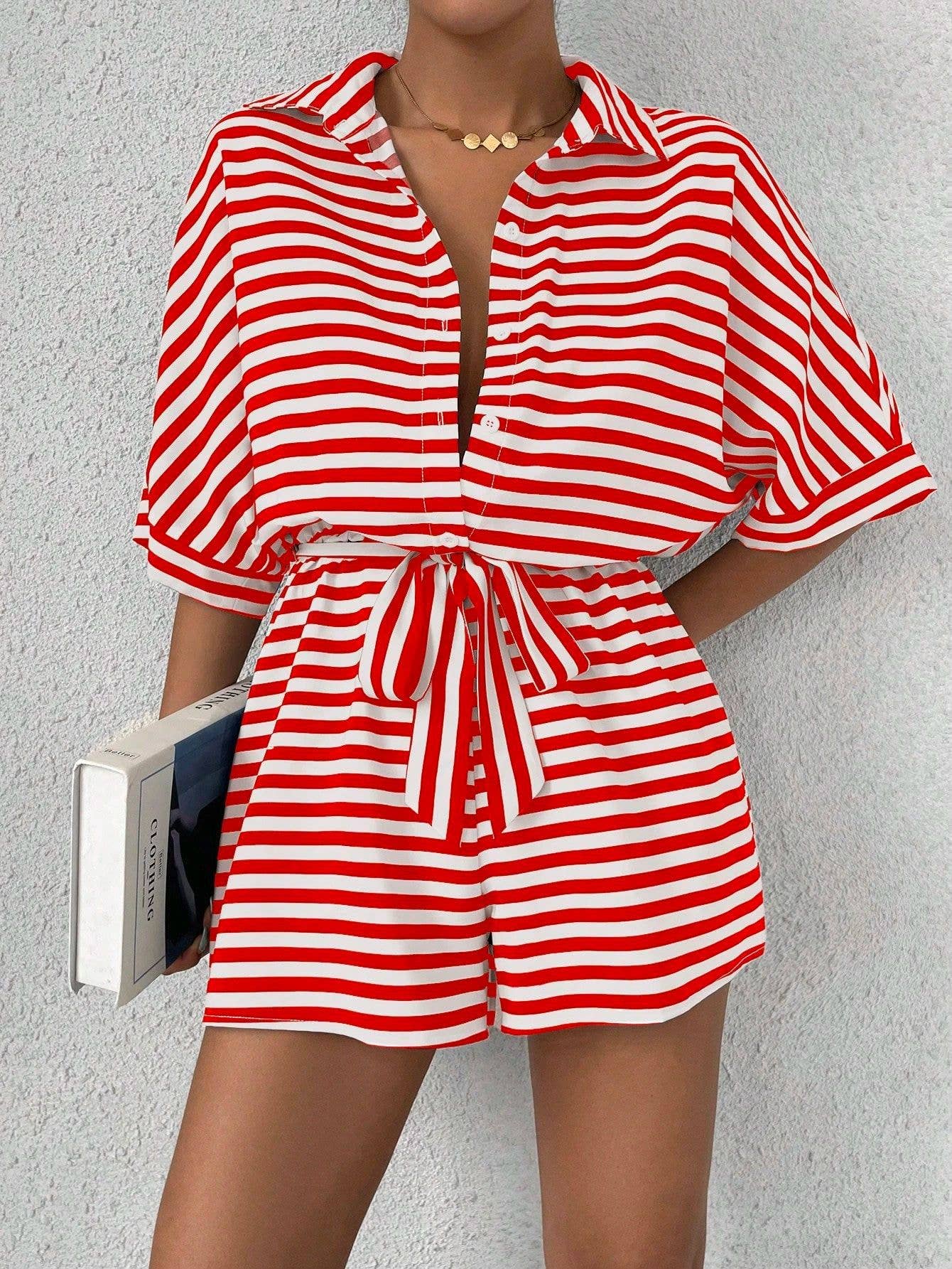 Striped Lapel Buttoned Mid-Sleeve Waistband Jumpsuit