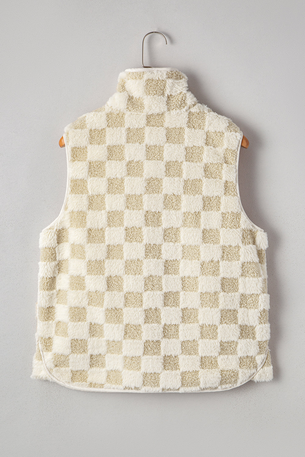 Khaki Sherpa Checkerboard Snap Button Vest Jacket