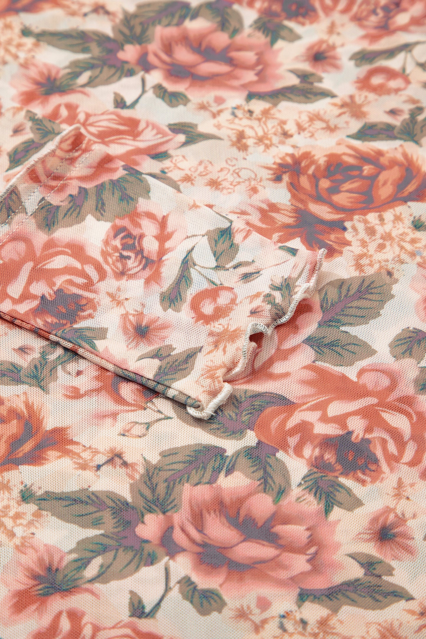 White Retro Floral Print Mock Neck Mesh Long Sleeve Top