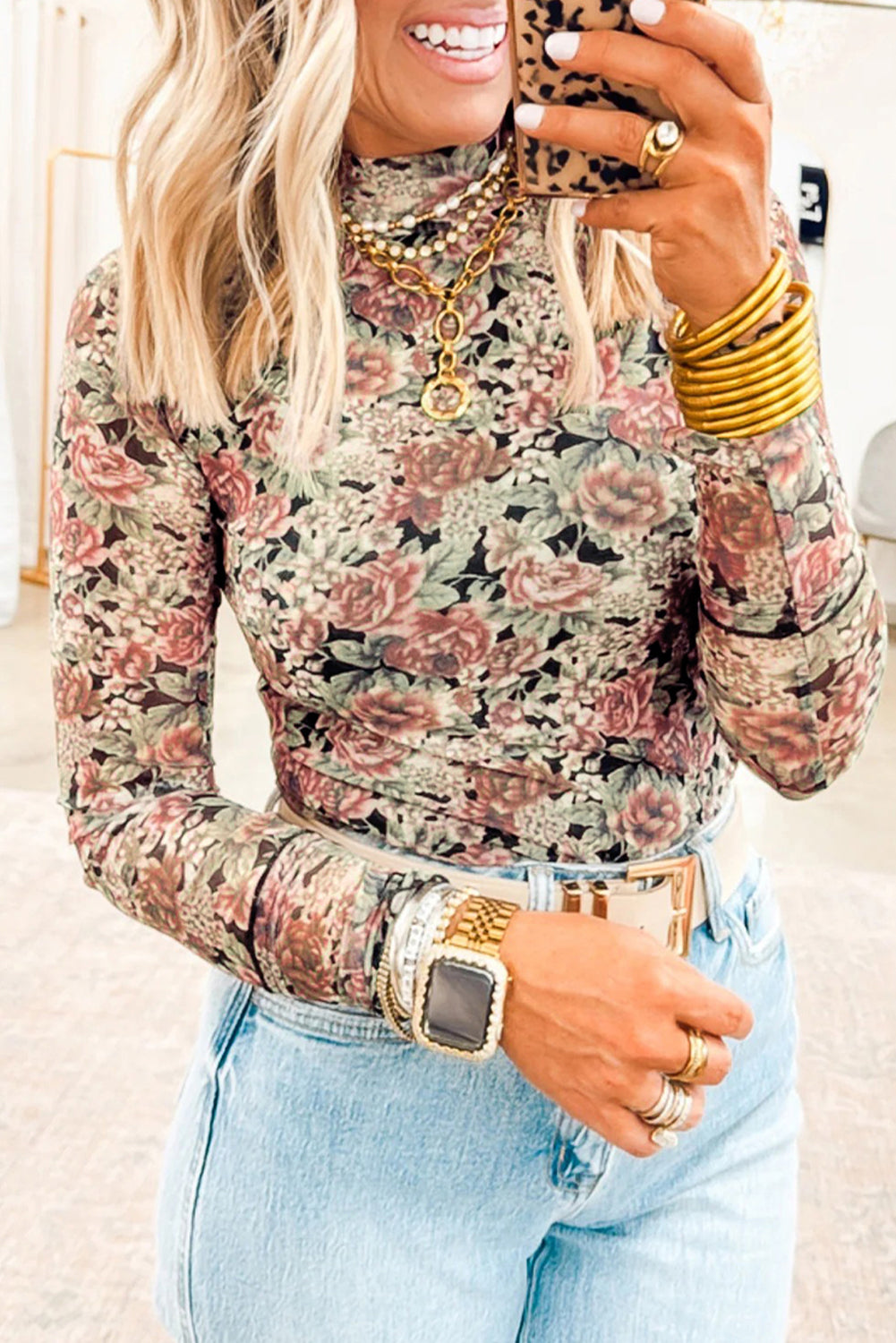 White Retro Floral Print Mock Neck Mesh Long Sleeve Top